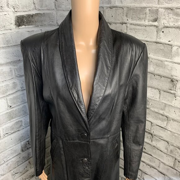 Vintage 90s Black Leather Trench Coat Retro Maxi Long Length Jacket Overcoat - Picture 2 of 16